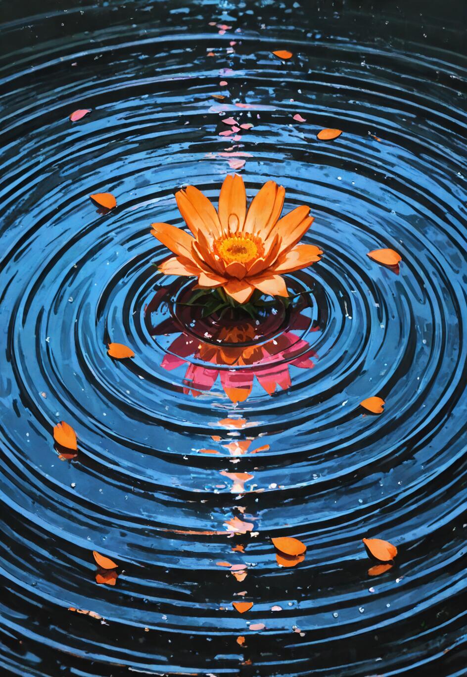 An overhead view of a bright orange water lily floating in the center of dark blue water, creating perfect concentric ripples. Loose orange petals are scattered on the water's surface.