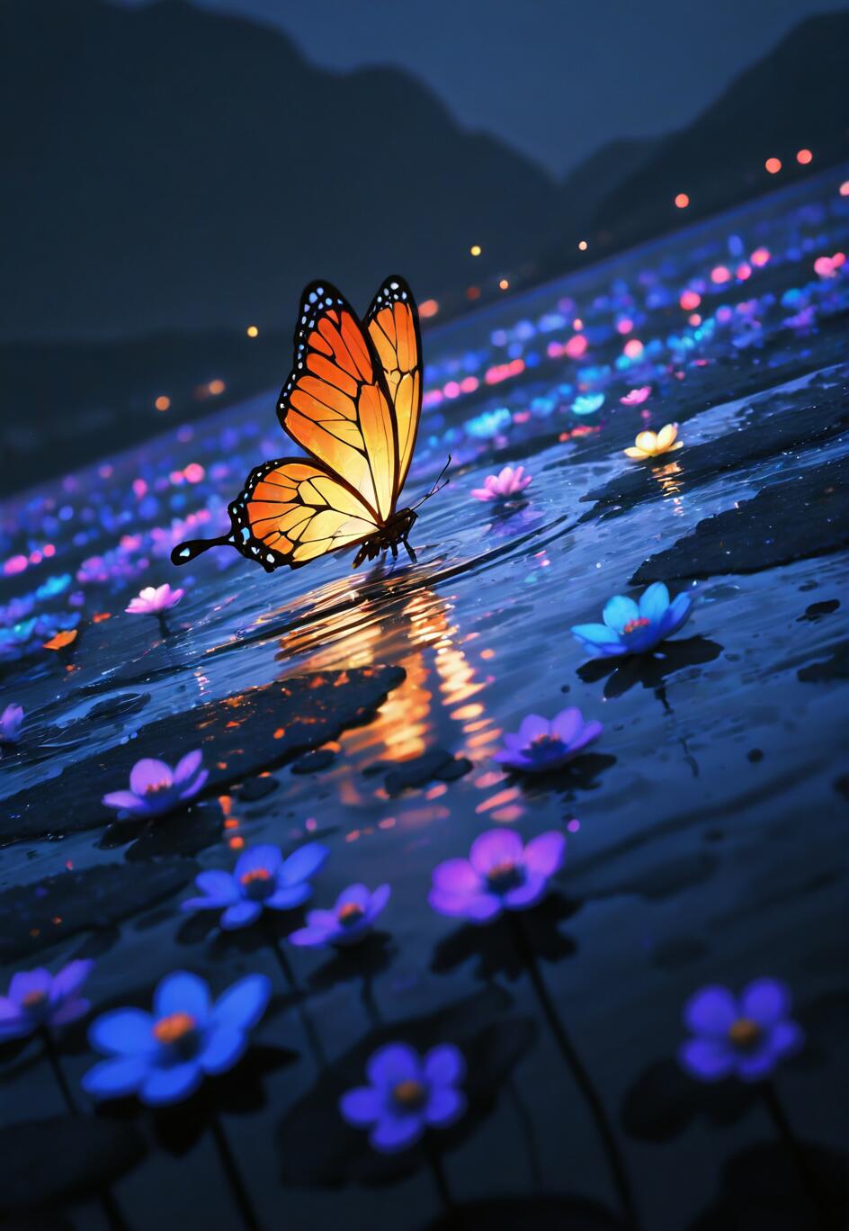 A vibrant orange Monarch butterfly rests on dark water at night, surrounded by numerous small, glowing blue and purple flowers, its reflection shimmering on the surface.