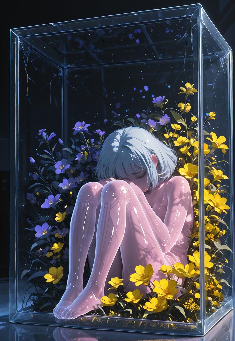 A surreal illustration of an anime-style girl with a translucent pink body and short silver hair, curled up in a fetal position inside a glass terrarium filled with growing yellow and violet flowers against a dark background.
