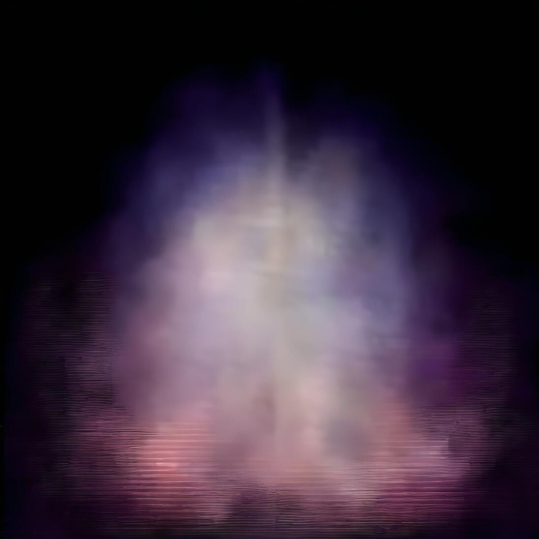 An abstract digital illustration of a glowing, ghostly figure in purple and white light against a black background, with a hazy, smoky texture and horizontal scanlines at the bottom.