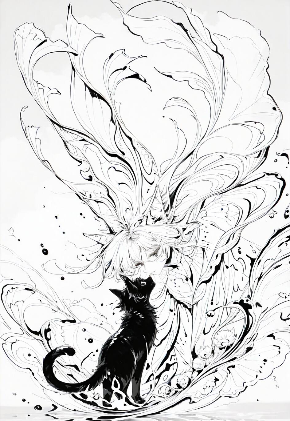 A black and white line art illustration of a black cat looking up at an ethereal being with pointed ears and long, flowing hair that resembles large flower petals. They are surrounded by dynamic ink splashes against a white background.
