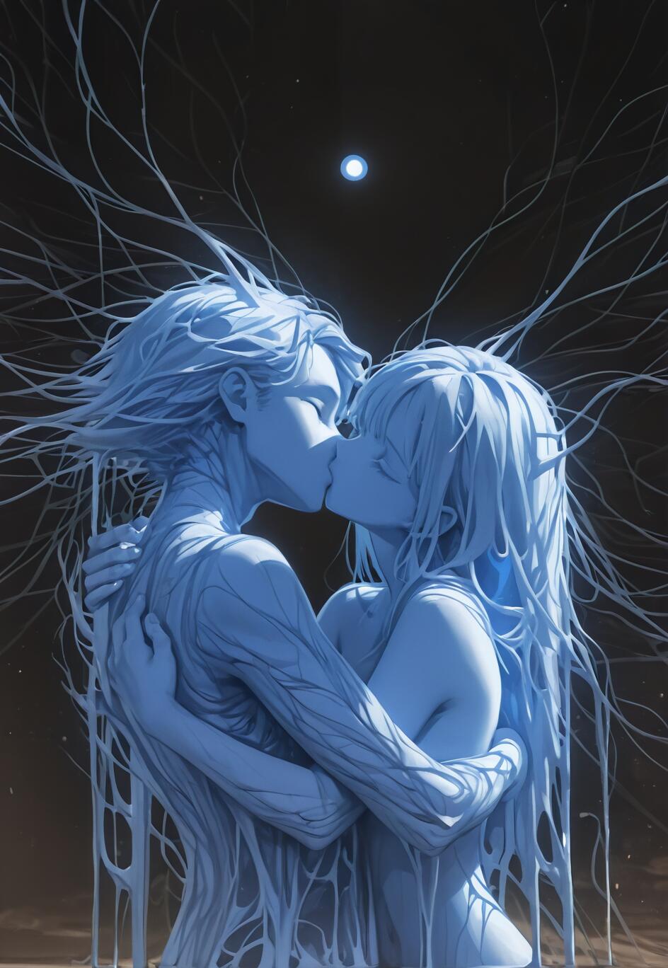 A surreal, painterly illustration of a glowing blue man and woman kissing passionately, their bodies dissolving into ethereal tendrils against a dark background with a single moon.