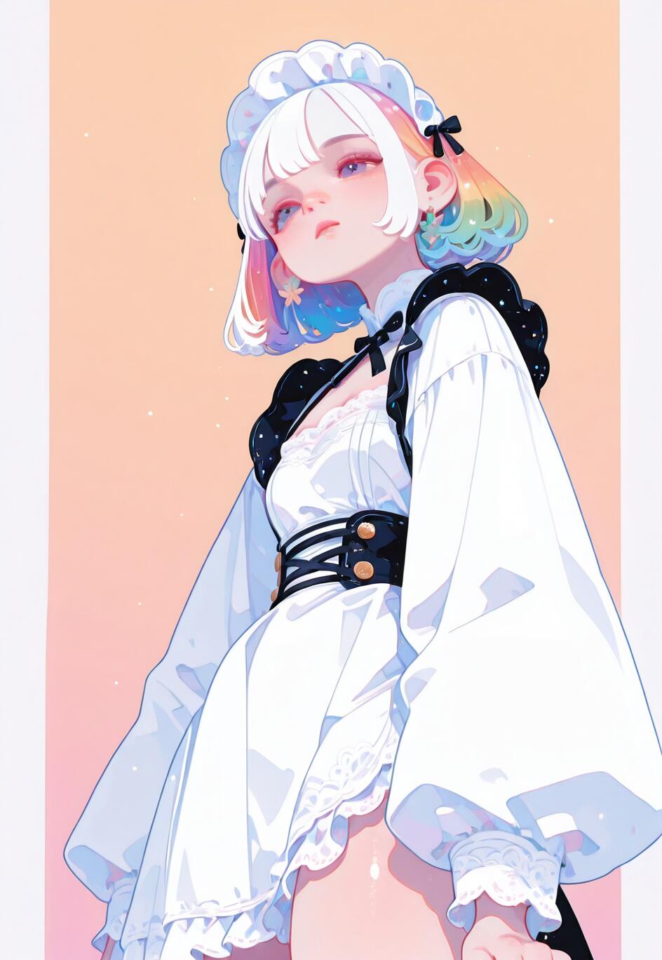 A low-angle digital artwork of an anime-style girl with a white bob haircut and rainbow-colored tips. She is wearing a detailed white and black Victorian maid dress with large, puffy sleeves and a corset, looking off to the side against a peachy-pink background.