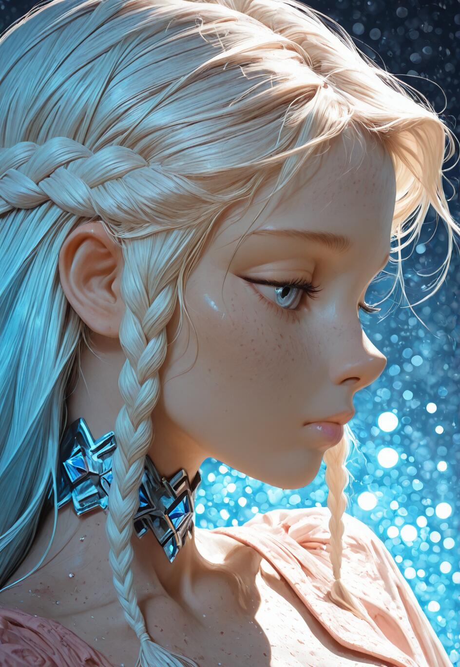 A close-up profile portrait of a young woman with fair skin, freckles, and long platinum blonde hair styled in braids. She wears a silver and blue metallic choker and looks to the side with a serene expression against a background of blue bokeh lights.
