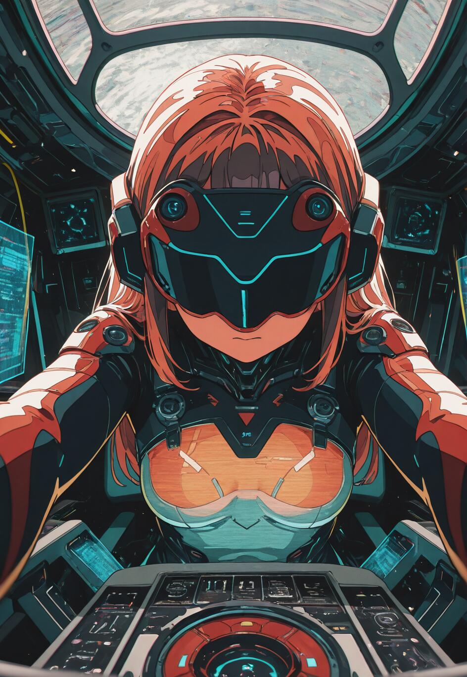An anime-style illustration of Asuka Langley Soryu from Neon Genesis Evangelion in a mecha cockpit. She has orange hair and wears a red plugsuit and a large black and red headset that covers her eyes, looking directly at the viewer from behind a control panel.