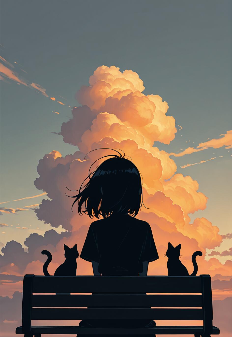 A silhouette of a girl with short, wind-blown hair sitting on a bench between two black cats, looking out at a dramatic sky filled with large, orange-tinted clouds at sunset.