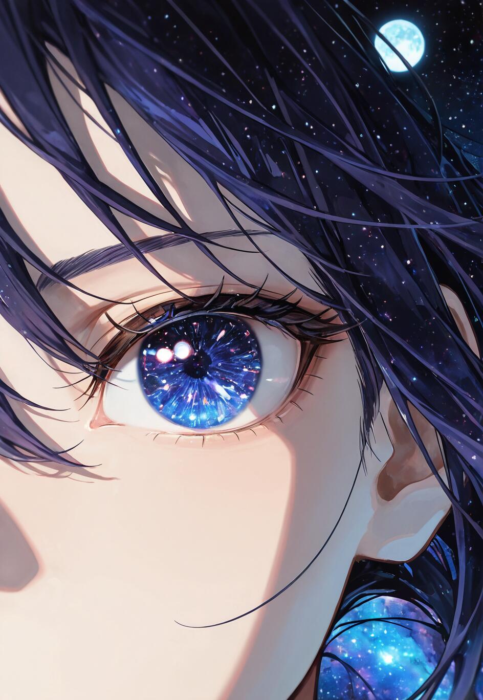 Close-up of an anime girl's face, focusing on her detailed blue eye which contains a swirling galaxy. Her dark, starry hair frames her face, with a moon visible in the background.