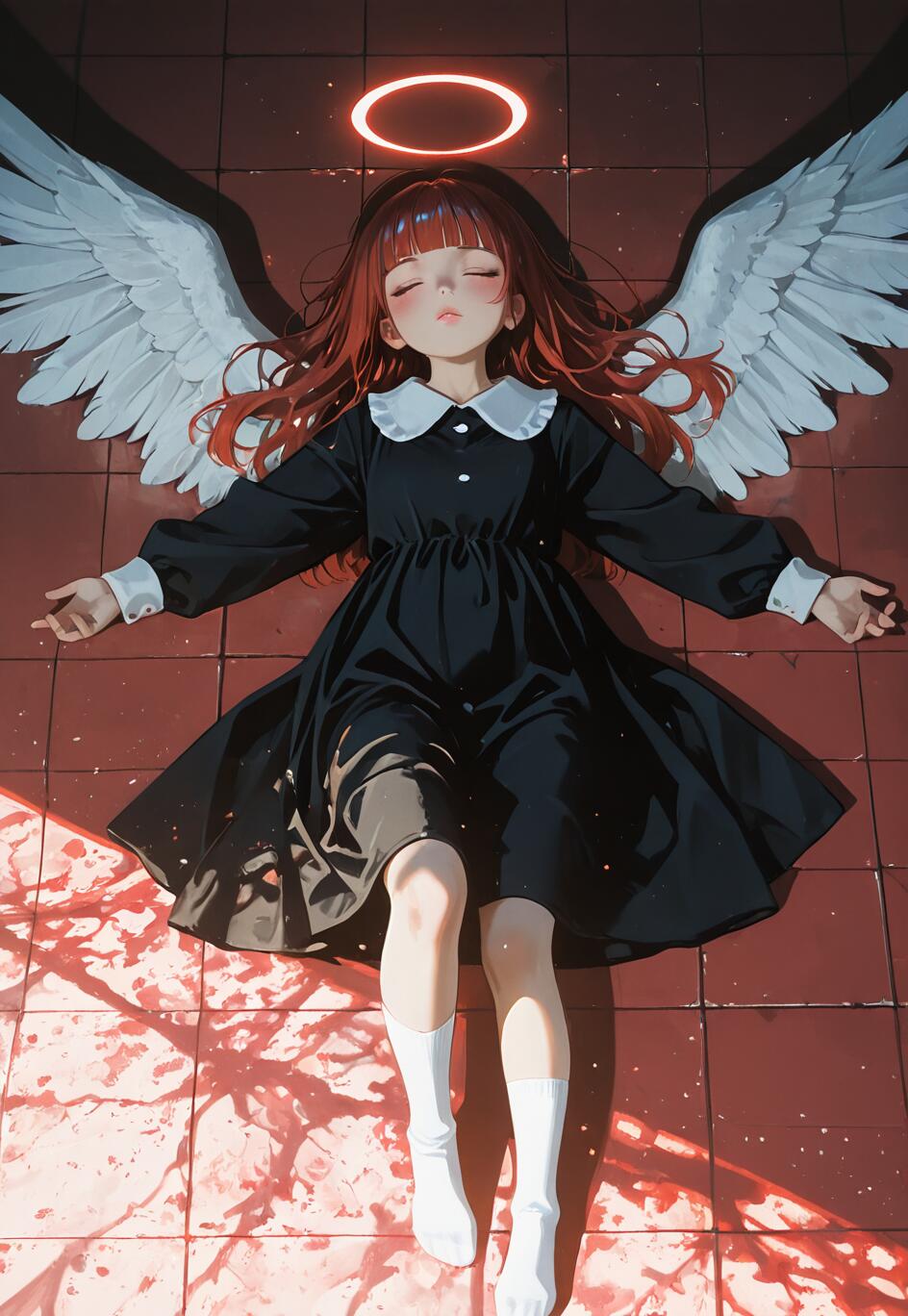 An overhead view of an anime-style angel with long red hair and large white wings, lying on a red tiled floor. She is wearing a black dress with a white collar, white socks, and has a glowing red halo above her head.
