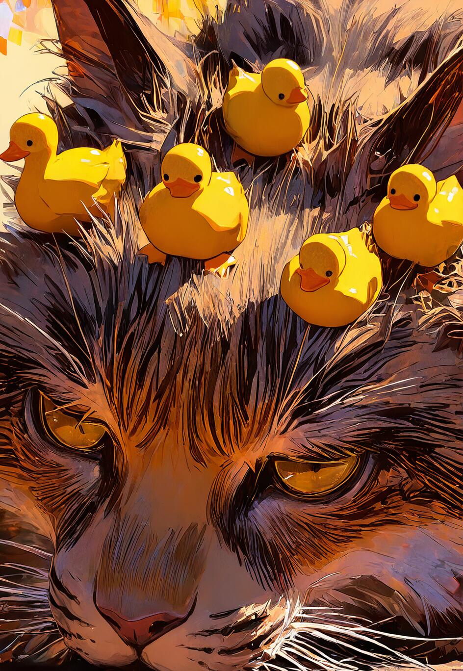 A detailed, painterly illustration of a grumpy tabby cat's face in extreme close-up. Six small, bright yellow rubber ducks are sitting on top of its head like a crown.