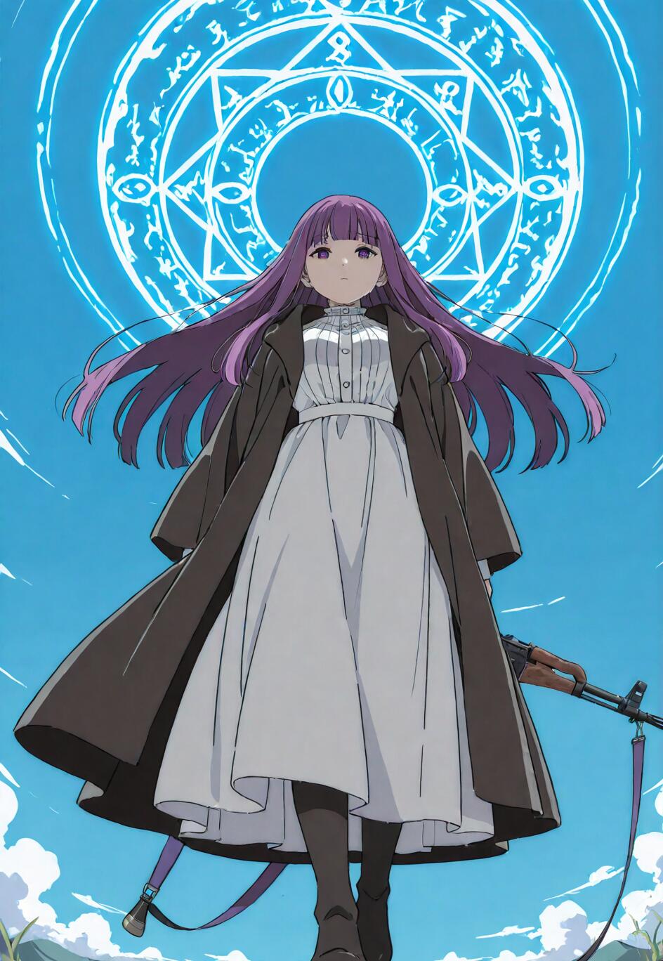 Full-body illustration of the anime character Fern from Frieren, who has long purple hair and wears a dark coat over a white dress. She stands against a blue sky with a glowing magic circle behind her head while holding a rifle.