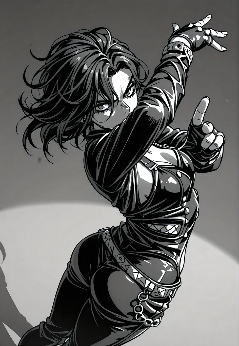 A black and white anime illustration of a woman with dark hair in a tight black leather outfit, striking an exaggerated, dynamic pose against a grey background.