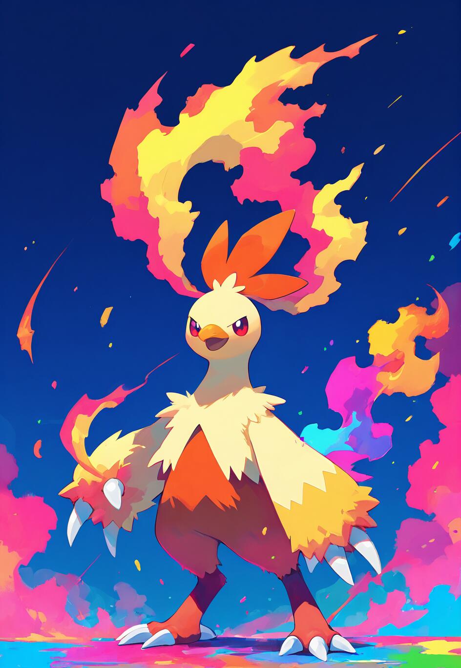 A digital illustration of the Pokémon Combusken standing in a confident pose. Flames erupt from its head crest against a vibrant background of blue, pink, and yellow splashes of color.