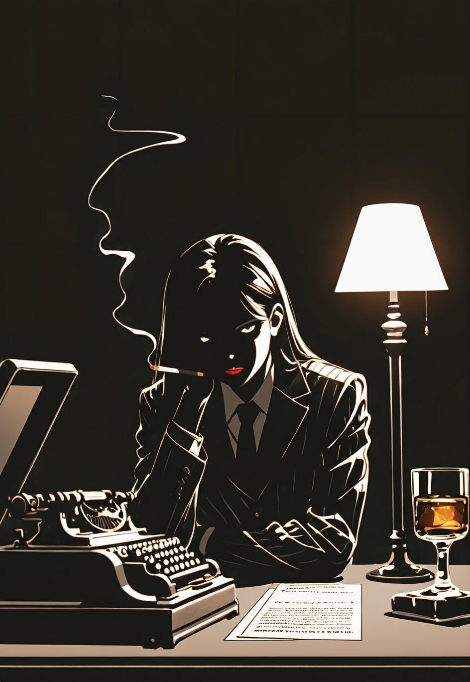 A high-contrast, graphic illustration of a woman in a 1940s pinstripe suit sitting at a desk in a dark room. She is smoking a cigarette, and the scene is lit by a desk lamp, with a vintage typewriter and a glass of whiskey on the desk.