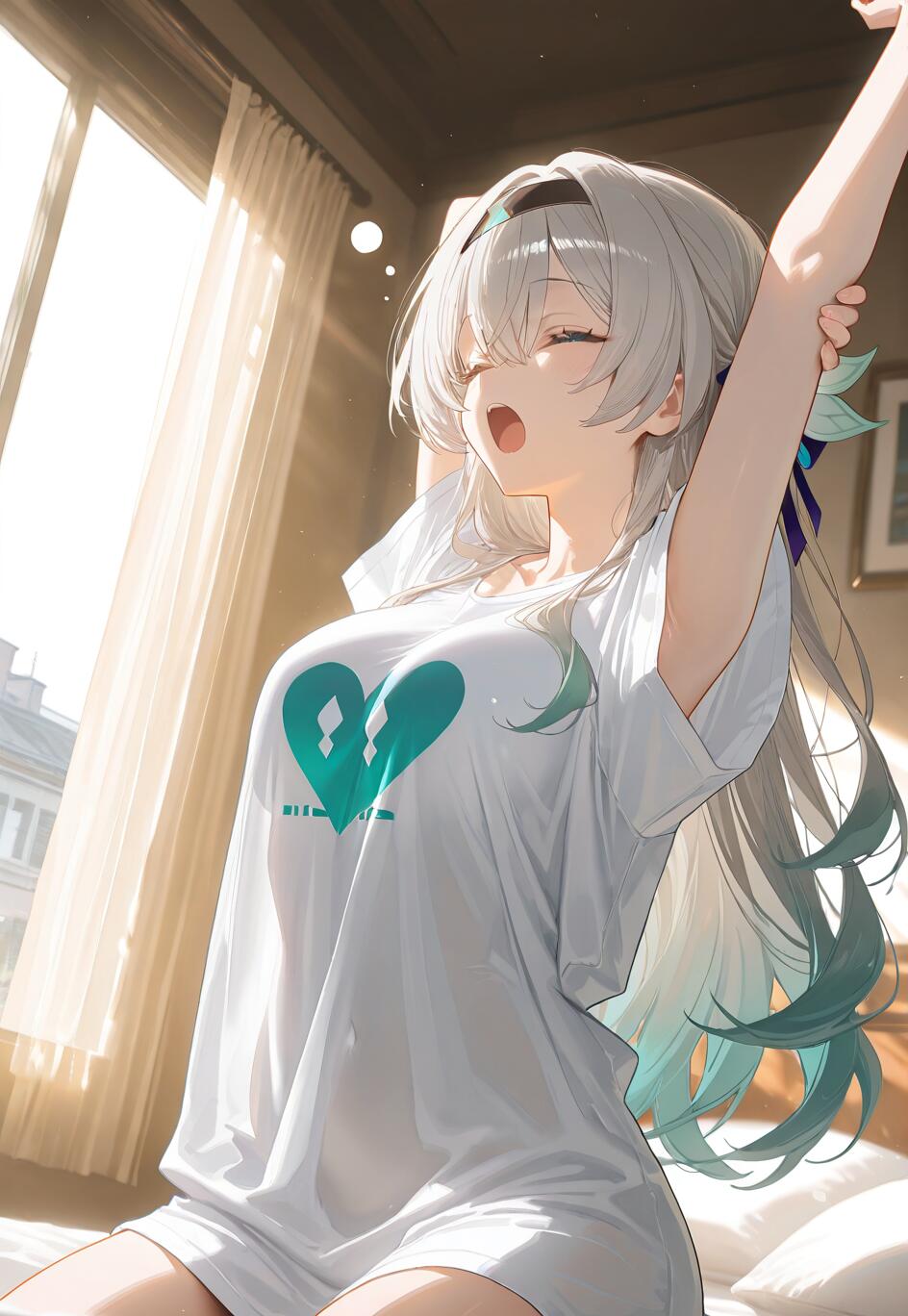 An anime-style illustration of Firefly from Honkai: Star Rail, a young woman with long silver and teal hair, sitting on a bed and stretching with her arms up as she yawns. Sunlight streams in from a window behind her, illuminating her in a bedroom setting. She is wearing an oversized white t-shirt.