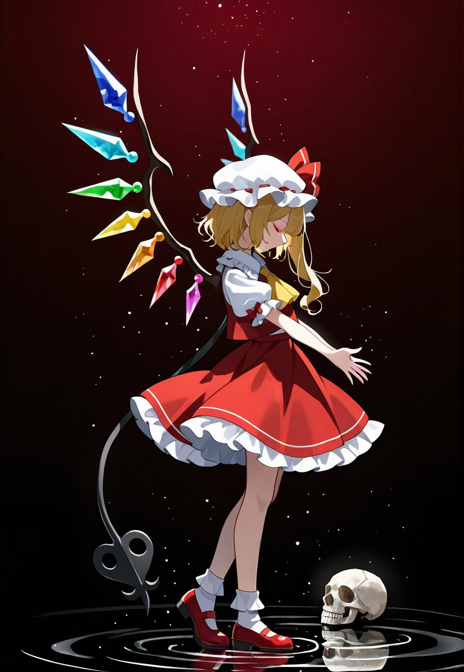 Full body illustration of Flandre Scarlet from Touhou Project standing in profile in dark water. She wears her signature red dress and mob cap, with large, colorful crystal wings. A human skull sits in the water near her red shoes, reflecting on the surface.