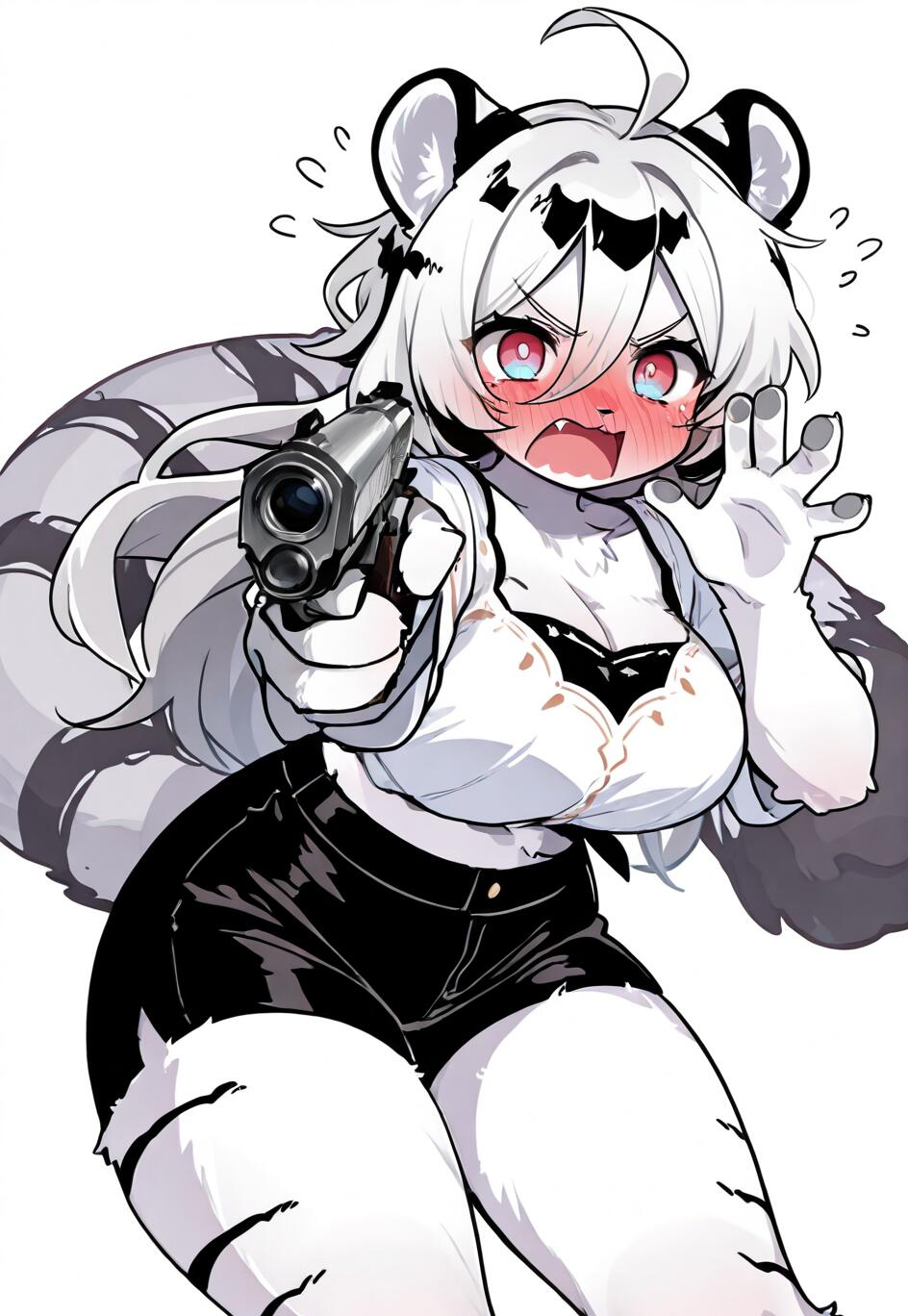 An anime white tiger girl with a flustered, angry expression, blushing deeply as she points a handgun directly at the camera against a white background.