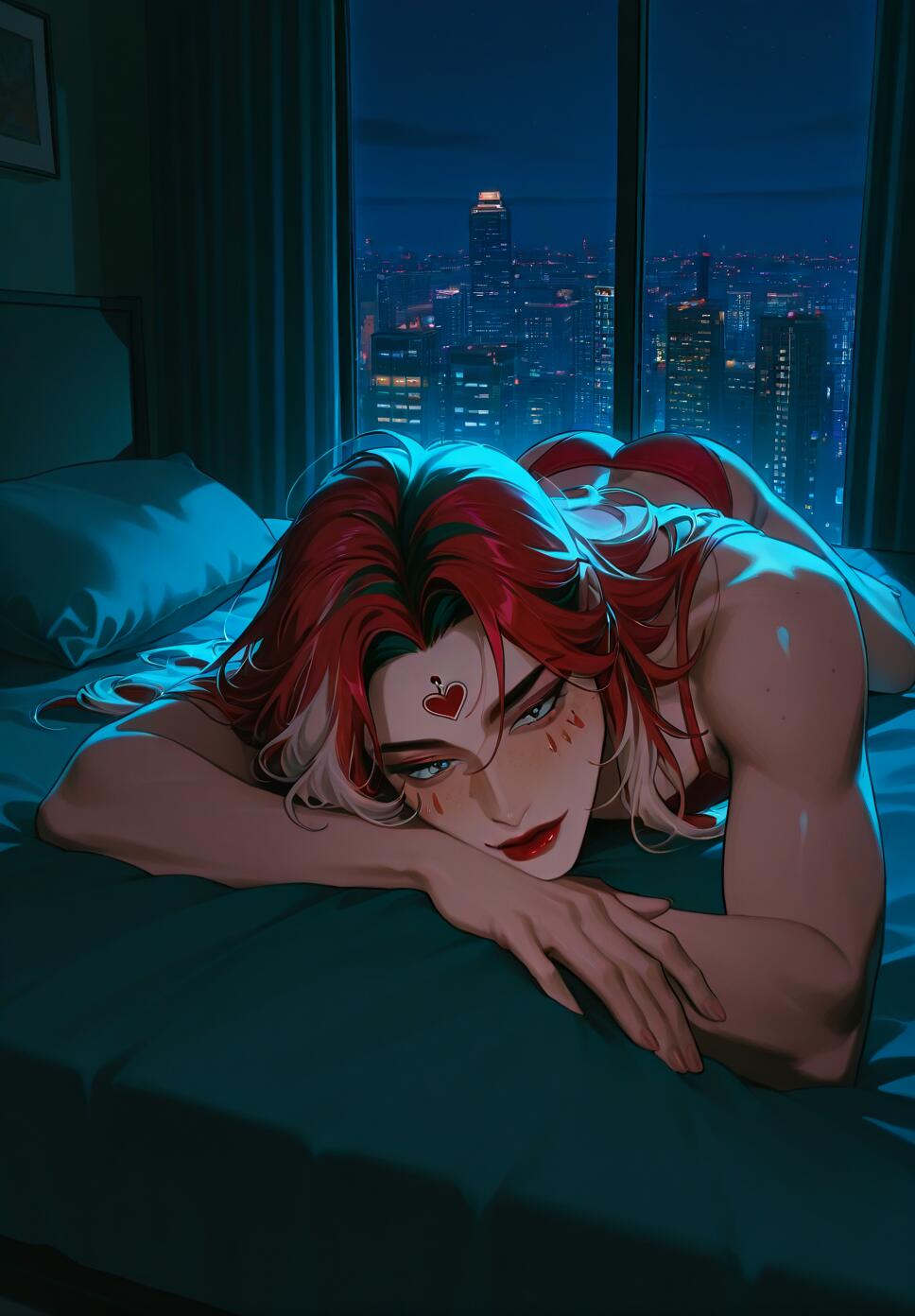 A humanized, female version of Foxy from Five Nights at Freddy's with red and white hair lies on her stomach on a bed, looking at the camera. A panoramic view of a city at night is visible through the window behind her.