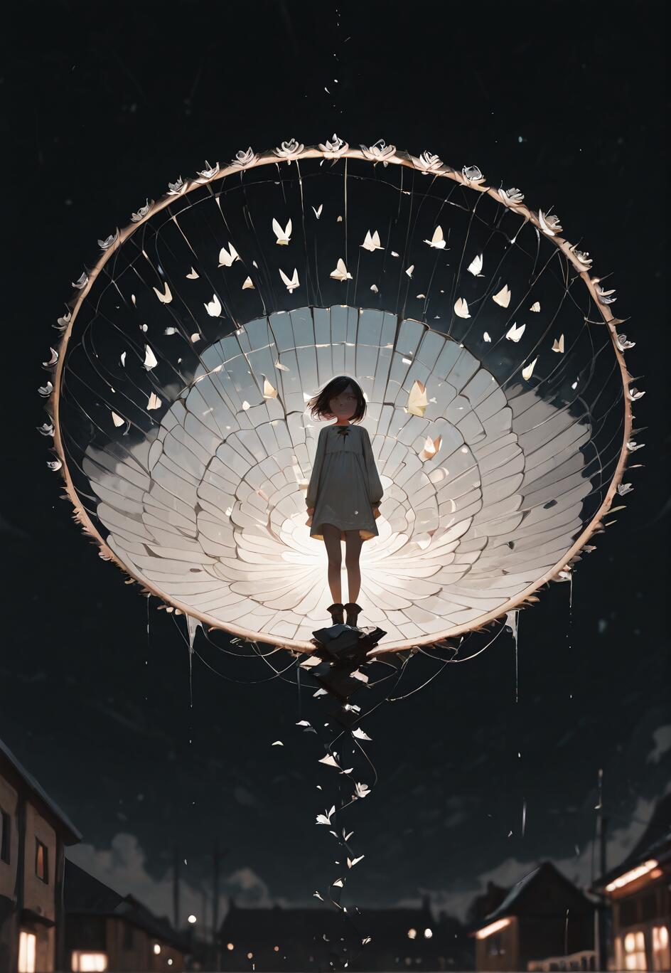 A young girl with short dark hair stands in front of a giant, glowing, shattered dreamcatcher in the night sky, with white paper butterflies falling from it over a dark town below.