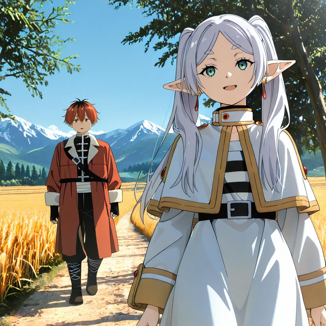 An anime scene showing the elf Frieren with silver pigtails in the foreground and the warrior Stark with red hair in the background, walking on a dirt path through a sunny wheat field towards a mountain range.