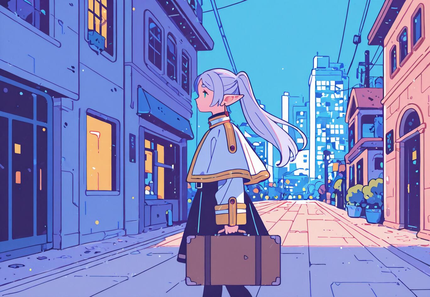 An anime-style illustration of Frieren, an elf girl with long white hair in a ponytail, walking down a modern city street. She is in side view, wearing a white capelet and carrying a brown suitcase. The city buildings are rendered in shades of blue and purple.