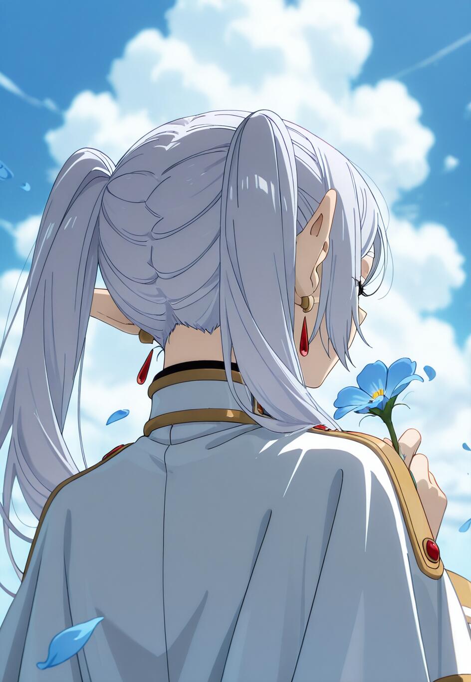 An anime illustration of the elf Frieren from behind, her long white hair in twintails. She is holding a single blue flower and looking at it under a clear blue sky with white clouds.