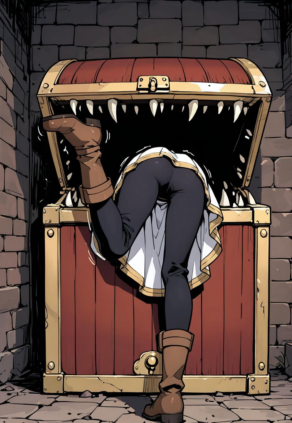 An illustration of the anime character Frieren from behind, stuck halfway inside a treasure chest mimic in a dungeon, with her legs and brown boots dangling out.