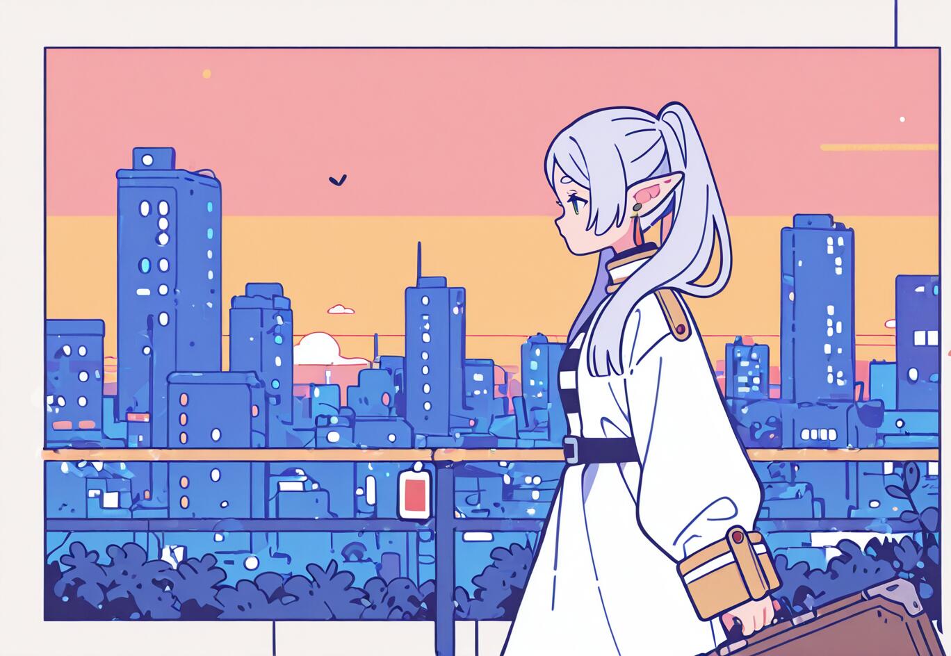 An anime-style illustration of the elf Frieren from 'Frieren: Beyond Journey's End' in a side view, wearing a modern white coat and carrying a suitcase against a modern city skyline at sunset.
