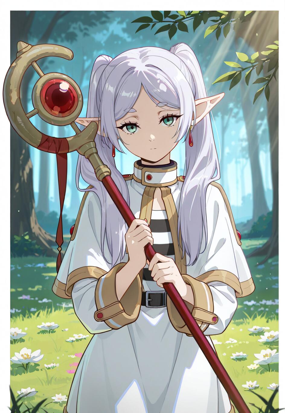 An anime-style illustration of the elf mage Frieren from Frieren: Beyond Journey's End. She has long, light purple hair in pigtails and is holding a large staff while standing in a sunny forest clearing filled with white flowers.