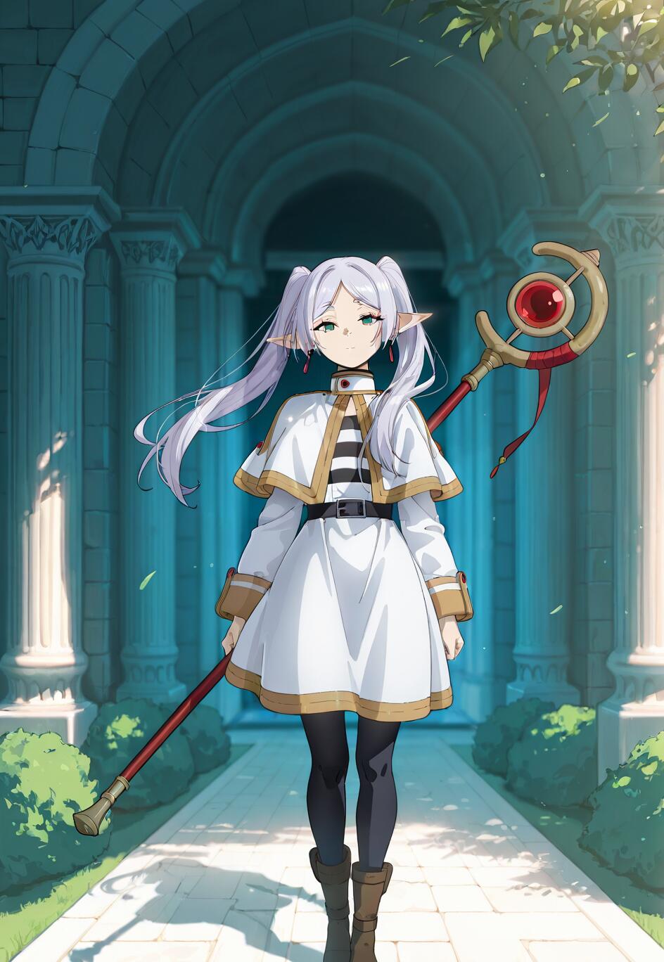 Full-body anime illustration of the elf mage Frieren from 'Frieren: Beyond Journey's End.' She has white hair in twintails and green eyes, walking on a stone path in a cloister while holding a magical staff.