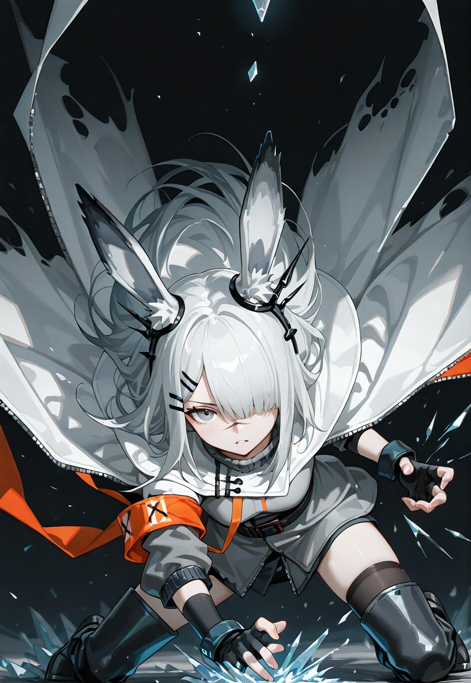 An anime-style digital illustration of FrostNova from Arknights, a girl with white hair and rabbit ears, crouching and touching the ground as blue ice crystals form around her hand. She wears a white cloak and a grey uniform and looks intensely at the viewer.