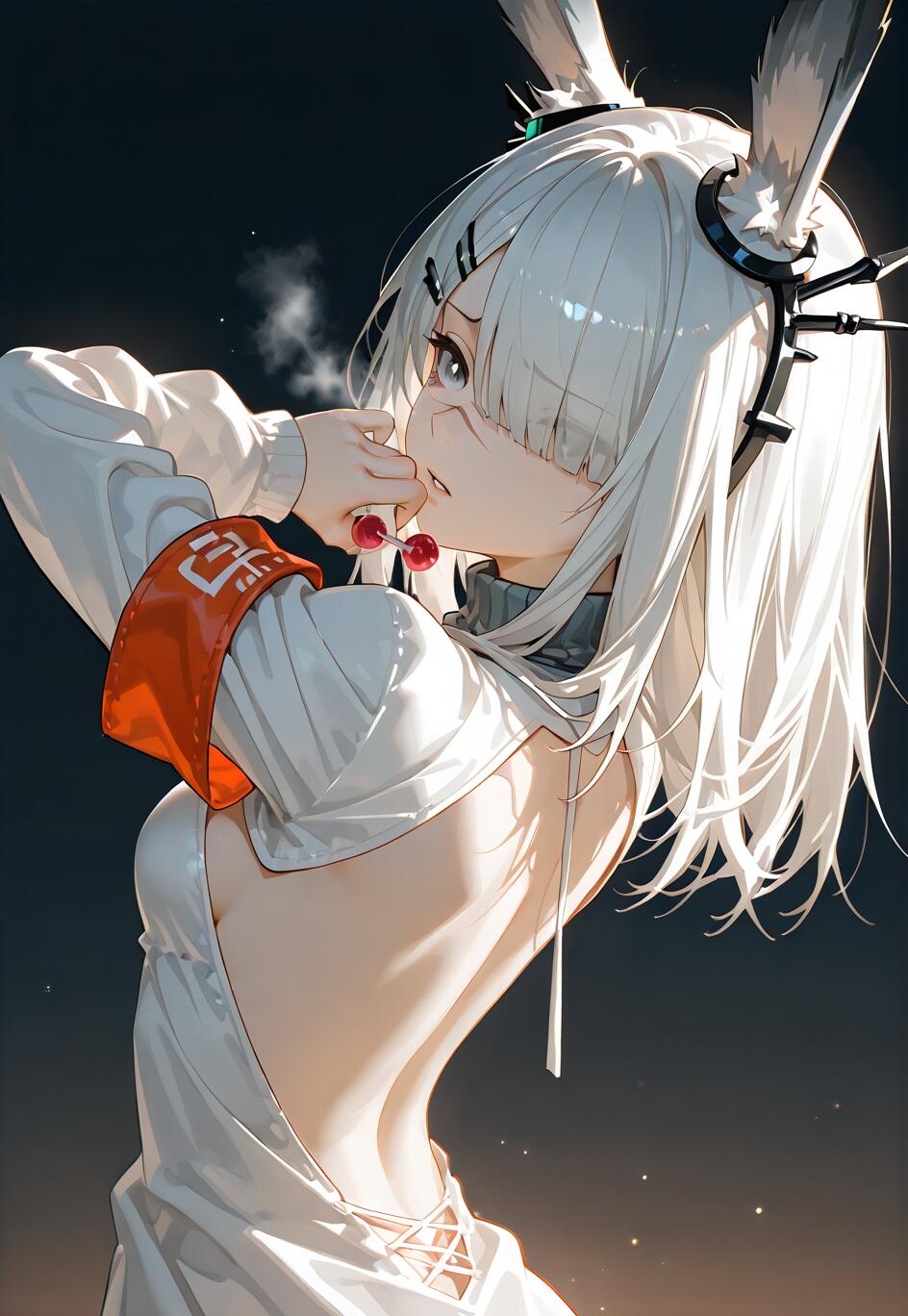 A profile view of FrostNova from Arknights, a girl with long white hair and rabbit ears, wearing a backless white dress. She looks back while holding a cherry lollipop to her mouth, her breath visible in the air.