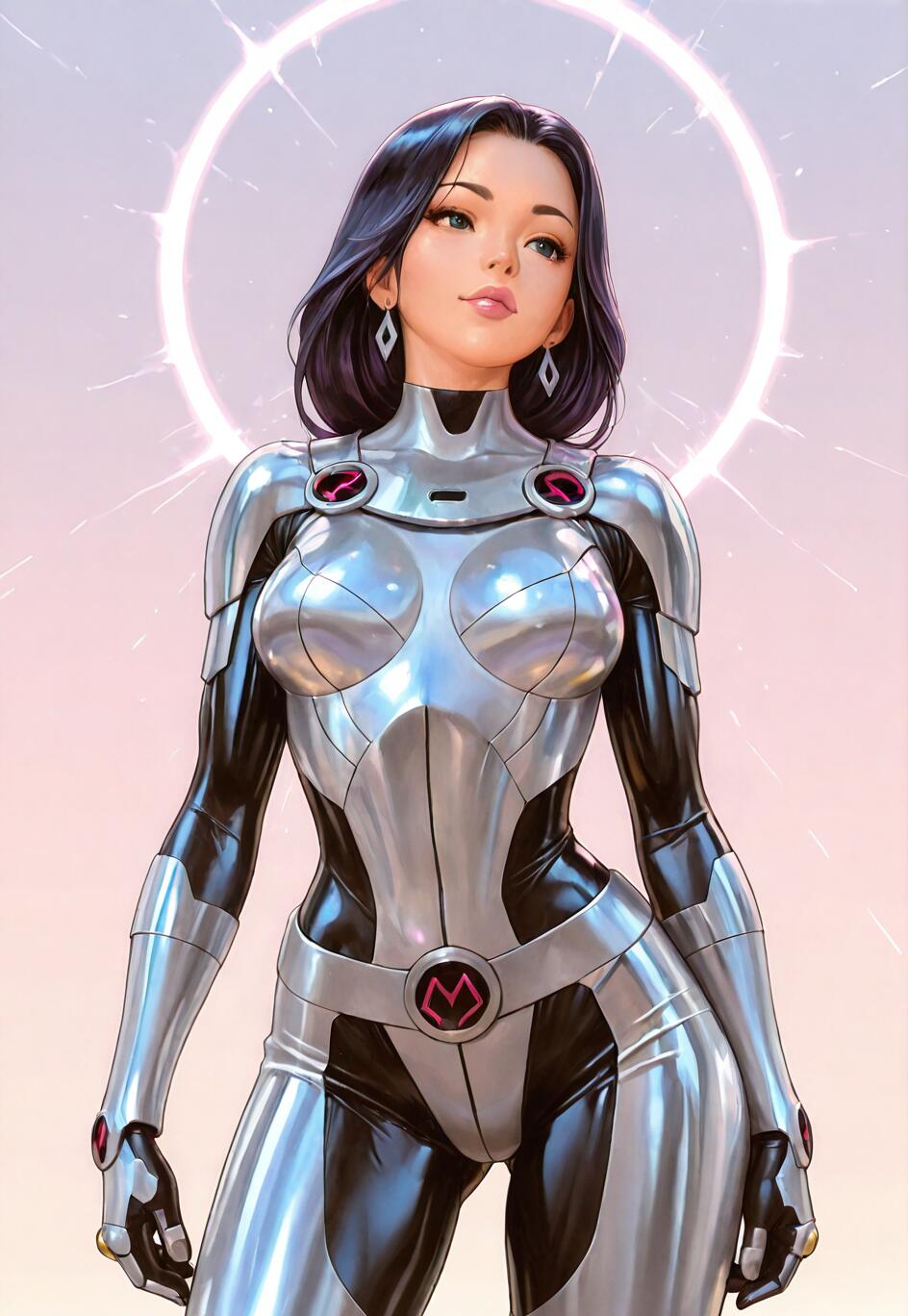 A digital painting of a young woman with dark hair in a futuristic silver and black armored suit. A glowing white ring of light hovers behind her head like a halo.