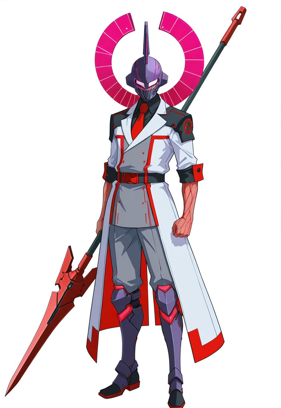 A full-body digital illustration of a male anime character in a white overcoat and grey suit, wearing a purple knight-like helmet with a pink halo, and holding a large red mechanical spear.