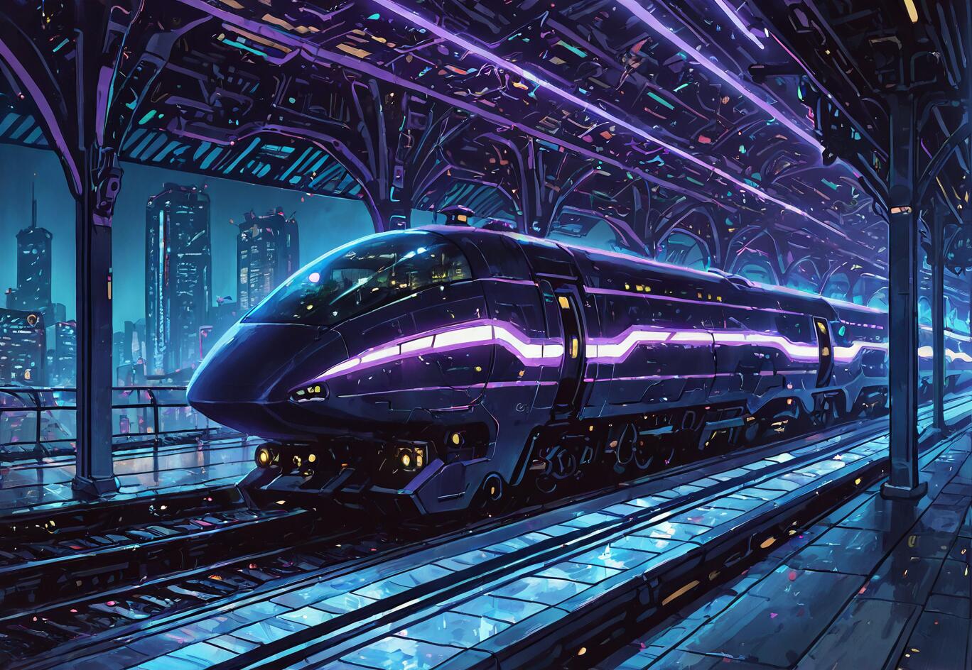 A sleek, futuristic purple and black train with glowing neon lights sits at a high-tech station at night, with a sprawling cyberpunk city skyline in the background.