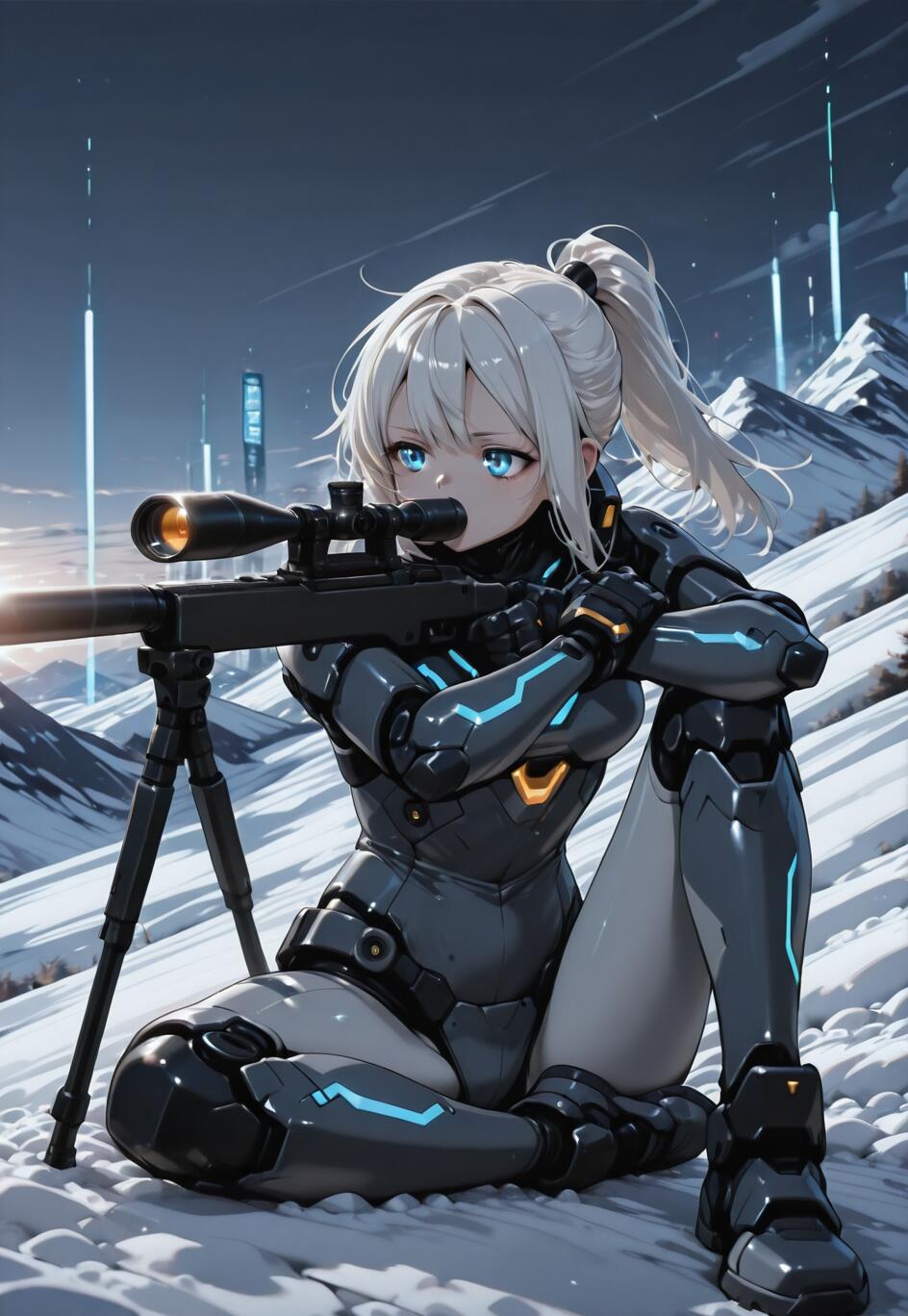 An anime girl with white hair in a futuristic armored suit sits in the snow on a mountain, aiming a large sniper rifle with a scope.