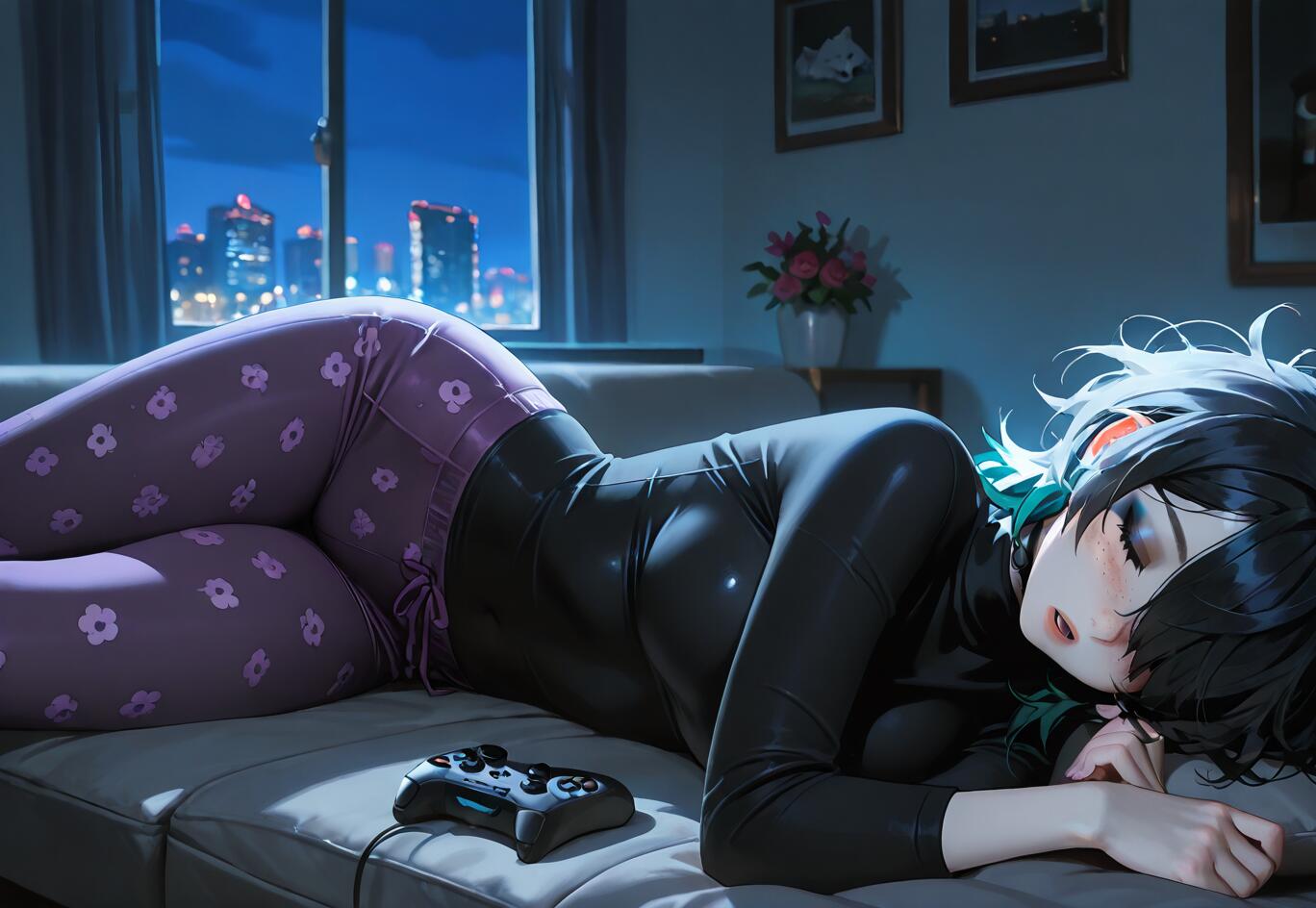An anime-style illustration of a young woman with short black hair sleeping on a gray couch. A game controller rests beside her, and a nighttime city skyline is visible through the window behind her.