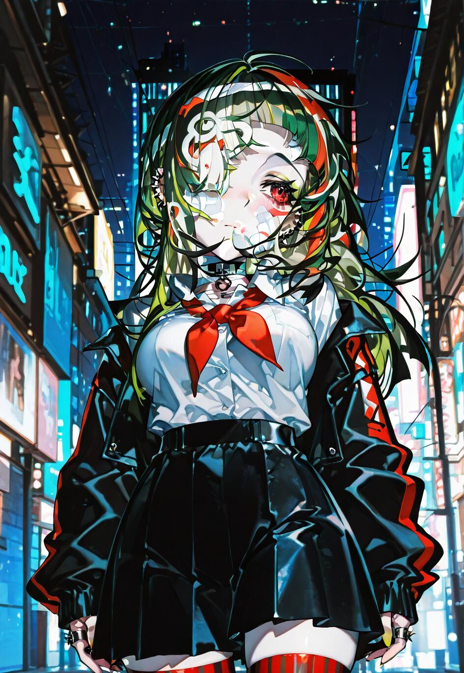 An anime girl with green and red hair and red eyes stands in a neon-lit city street at night. She wears a black jacket, white shirt with a red neckerchief, a black skirt, and striped thigh-highs, creating a punk-inspired look.