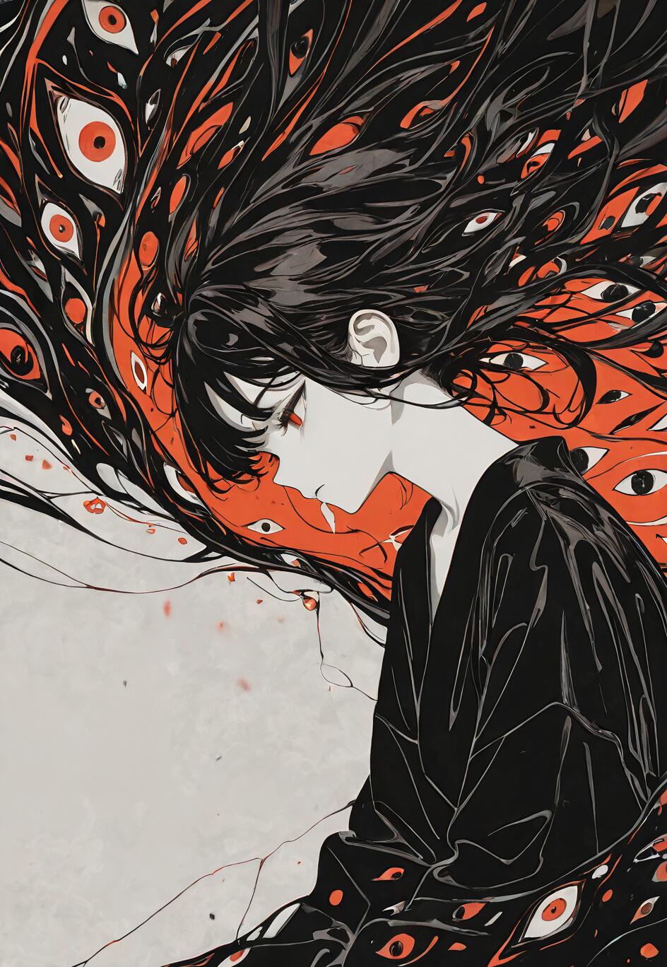 An anime-style illustration of a woman in profile with long black hair. Her hair is filled with dozens of red and white eyes, flowing against a background split between orange and white.