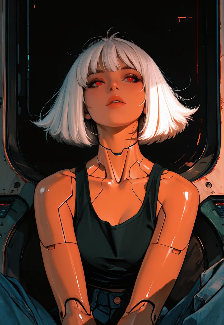 A portrait of a female android with short white hair and glowing red eyes, looking up. She has visible cybernetic arms and neck and is wearing a black tank top while sitting in a dark, futuristic chair illuminated by warm light.