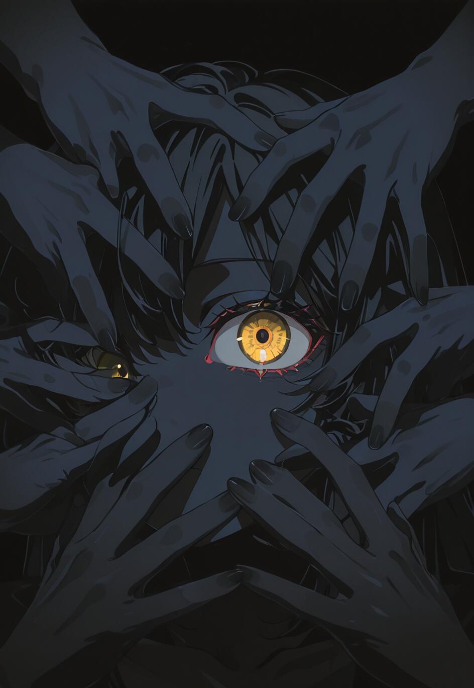 An anime-style close-up of Kurumi Tokisaki from Date A Live, her face framed by numerous dark, shadowy hands. Her glowing yellow clockwork eye is prominently featured against a black background.