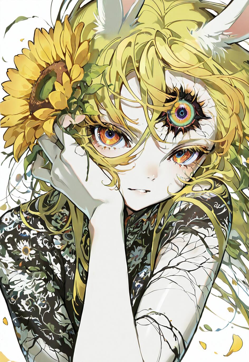 A close-up digital illustration of an anime-style girl with long blonde hair, white rabbit ears, and three eyes. She holds a large sunflower in her hair and looks at the viewer with a serious expression against a white background.