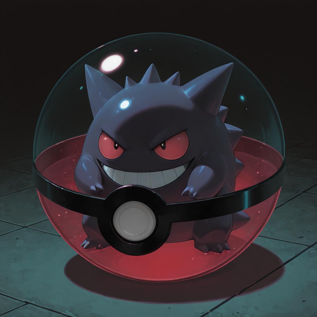 The Pokémon Gengar, a spiky purple creature with red eyes and a wide grin, sits inside a transparent Poké Ball with a red base, set against a dark background.
