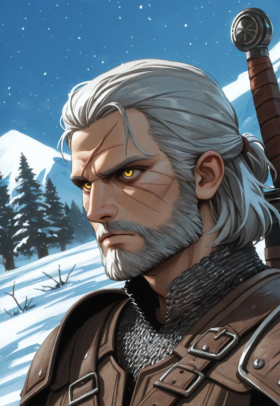 An illustration of Geralt of Rivia from The Witcher, with white hair, a beard, and yellow eyes, looking off to the side. He is in a snowy, mountainous environment, wearing leather and chainmail armor with a sword on his back.