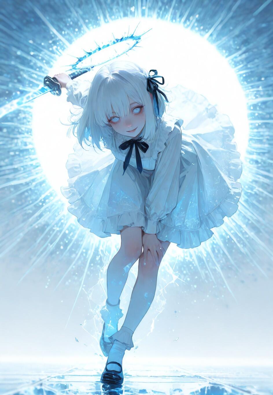 A full-body illustration of a young anime girl with white hair and a white frilly dress. She holds a glowing blue ice katana and smiles at the viewer, standing on a cracked ice surface in front of a bright circular light.