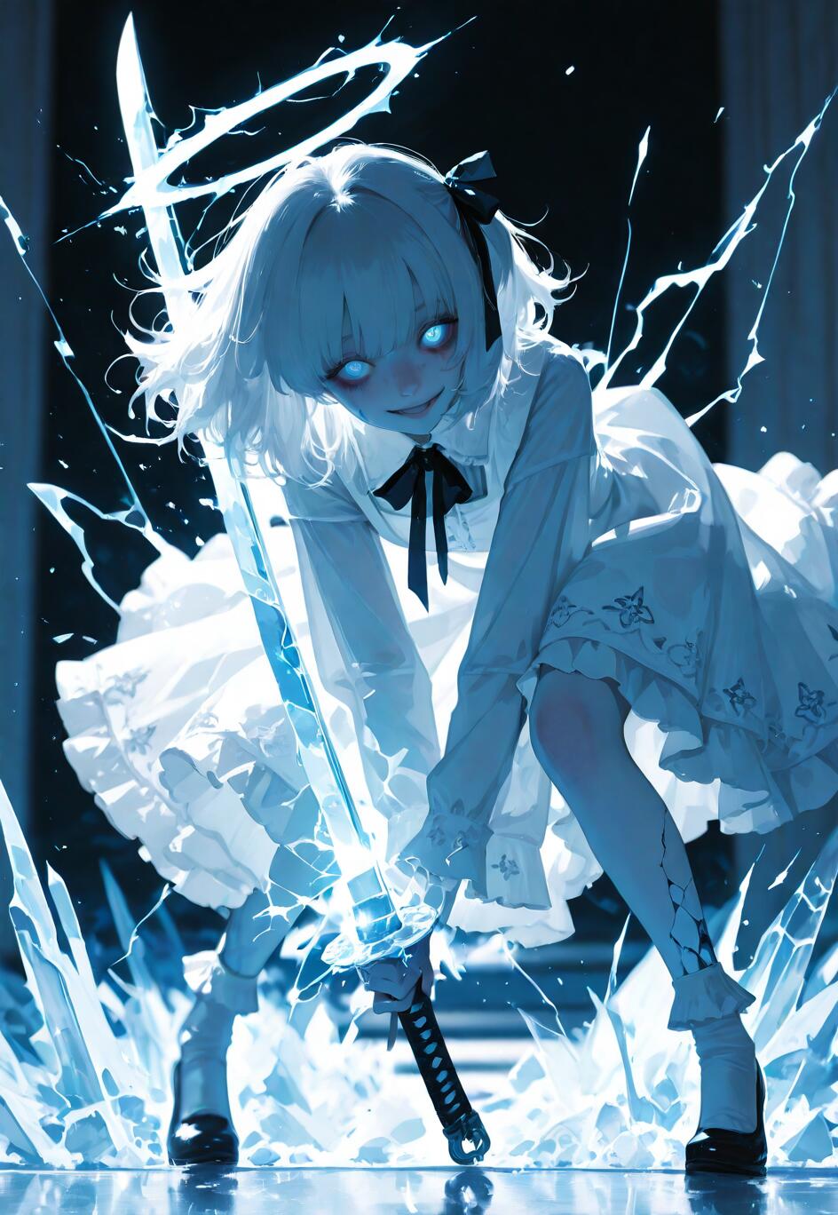 A full-body illustration of an anime-style girl with short white hair, a black hair ribbon, and glowing blue eyes. She wears a white dress and black shoes, crouching low with a sinister smile while holding a glowing blue katana made of ice or energy. Blue lightning and ice shards surround her in a dark setting.