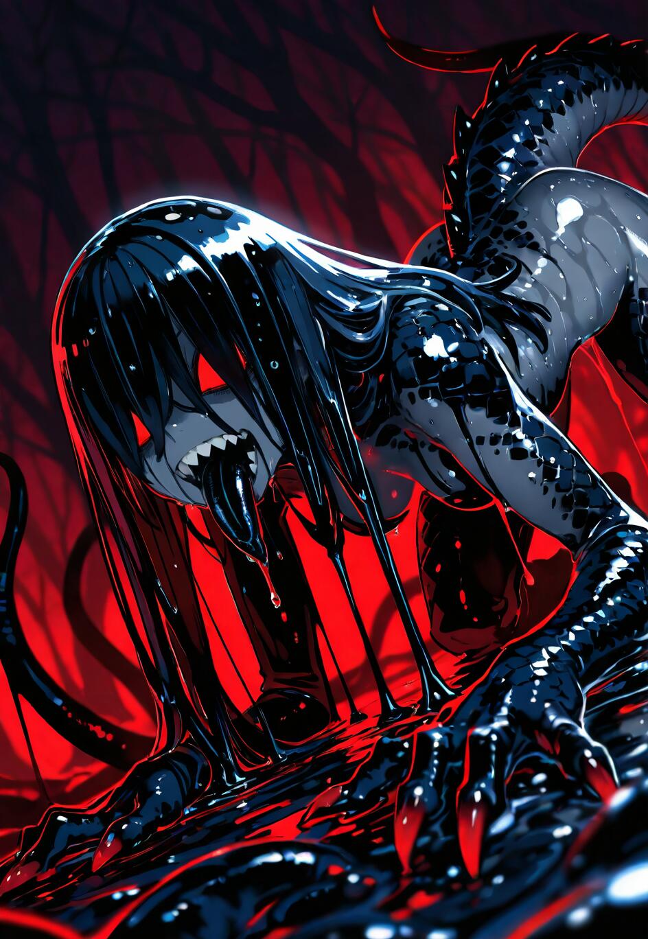 A terrifying monster girl with glowing red eyes and sharp teeth crawls towards the viewer, covered in dripping black slime against a dark red background.