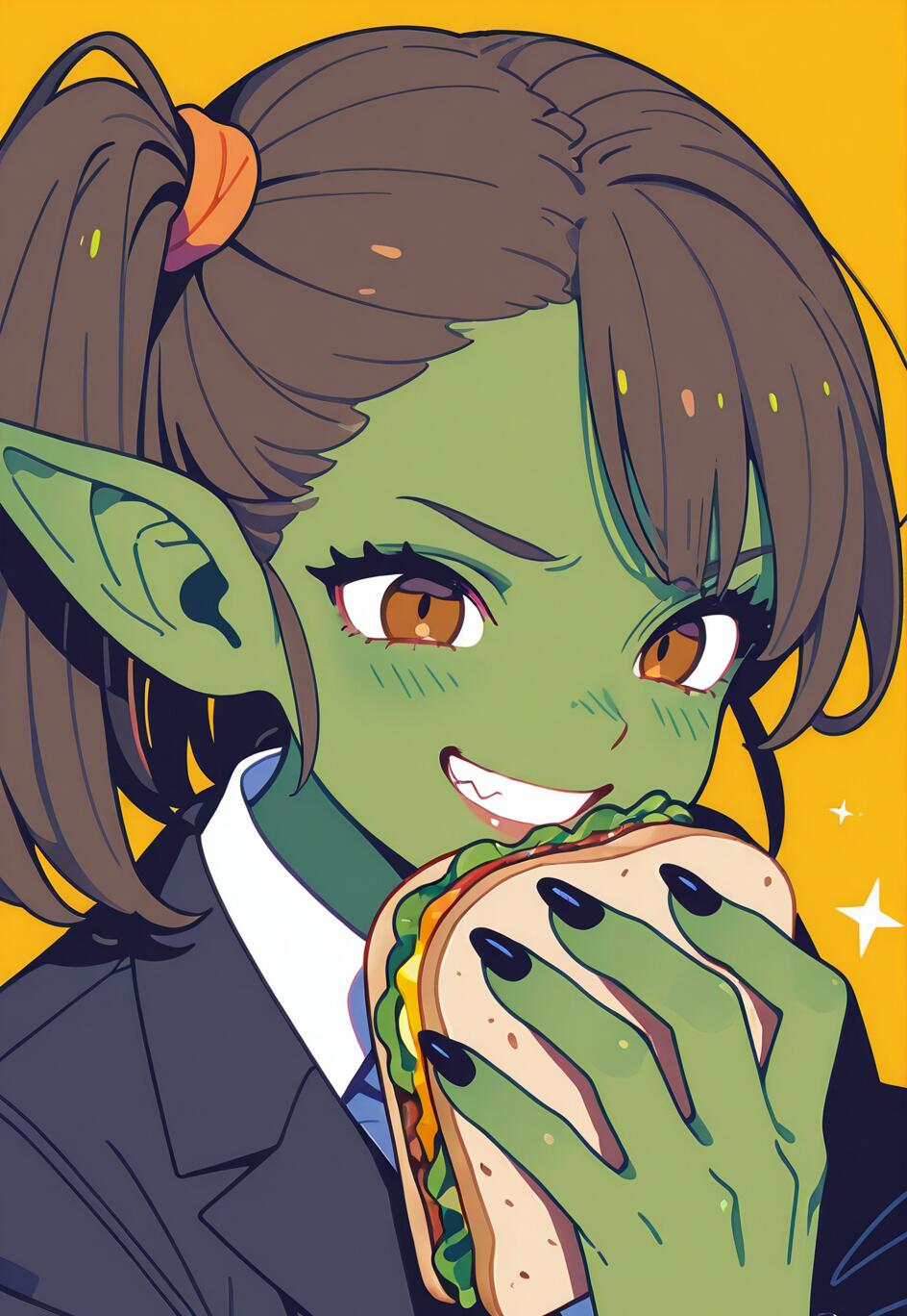 An anime illustration of a goblin girl with green skin and a side ponytail, wearing a suit and grinning as she holds a sandwich against a yellow background.