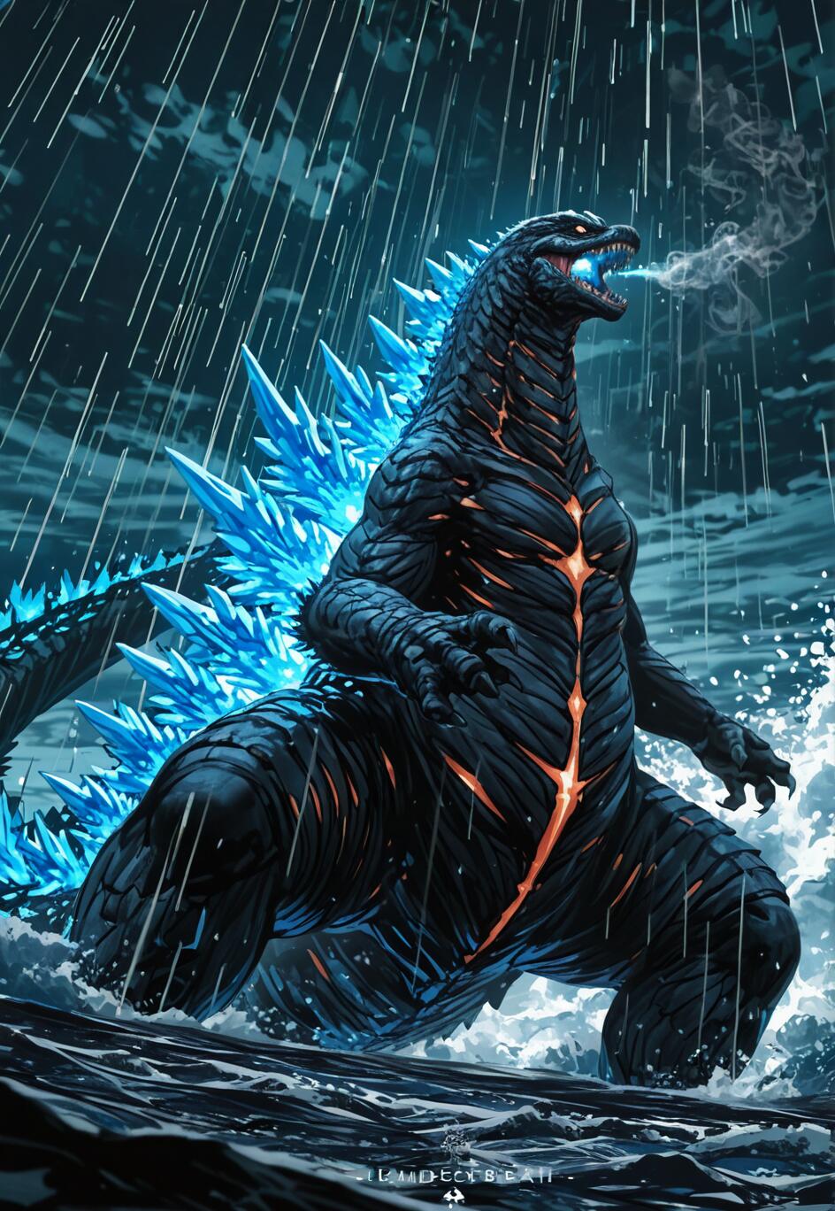 A powerful illustration of Godzilla standing in a stormy ocean at night. His dorsal fins glow a bright, crystalline blue, and orange energy lines his dark body as rain pours down.