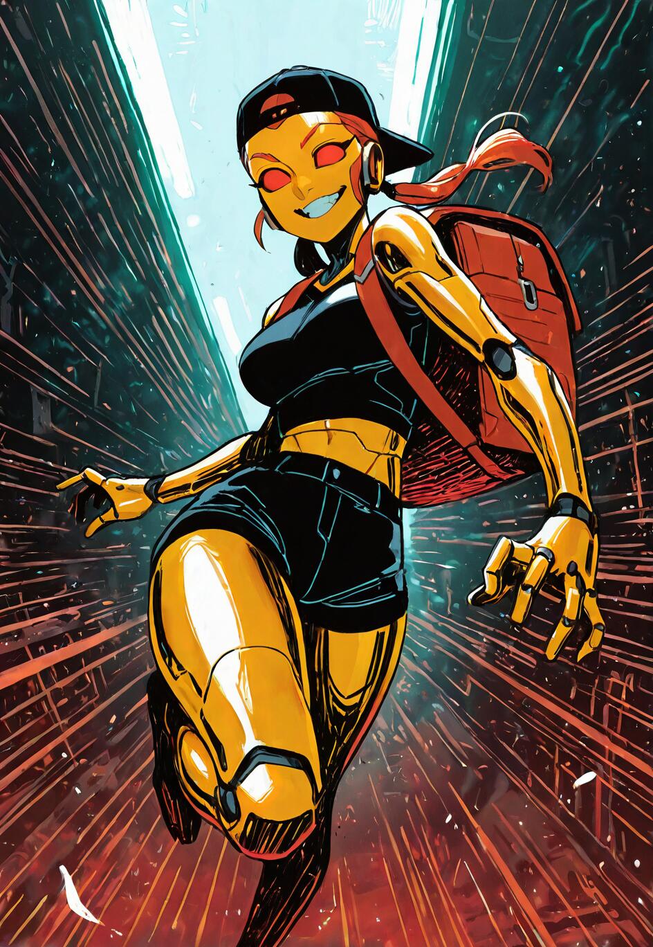 A full-body illustration of a smiling golden female robot running towards the viewer. She wears a black crop top, shorts, a backward cap, and a large red backpack in a futuristic, neon-lit hallway.