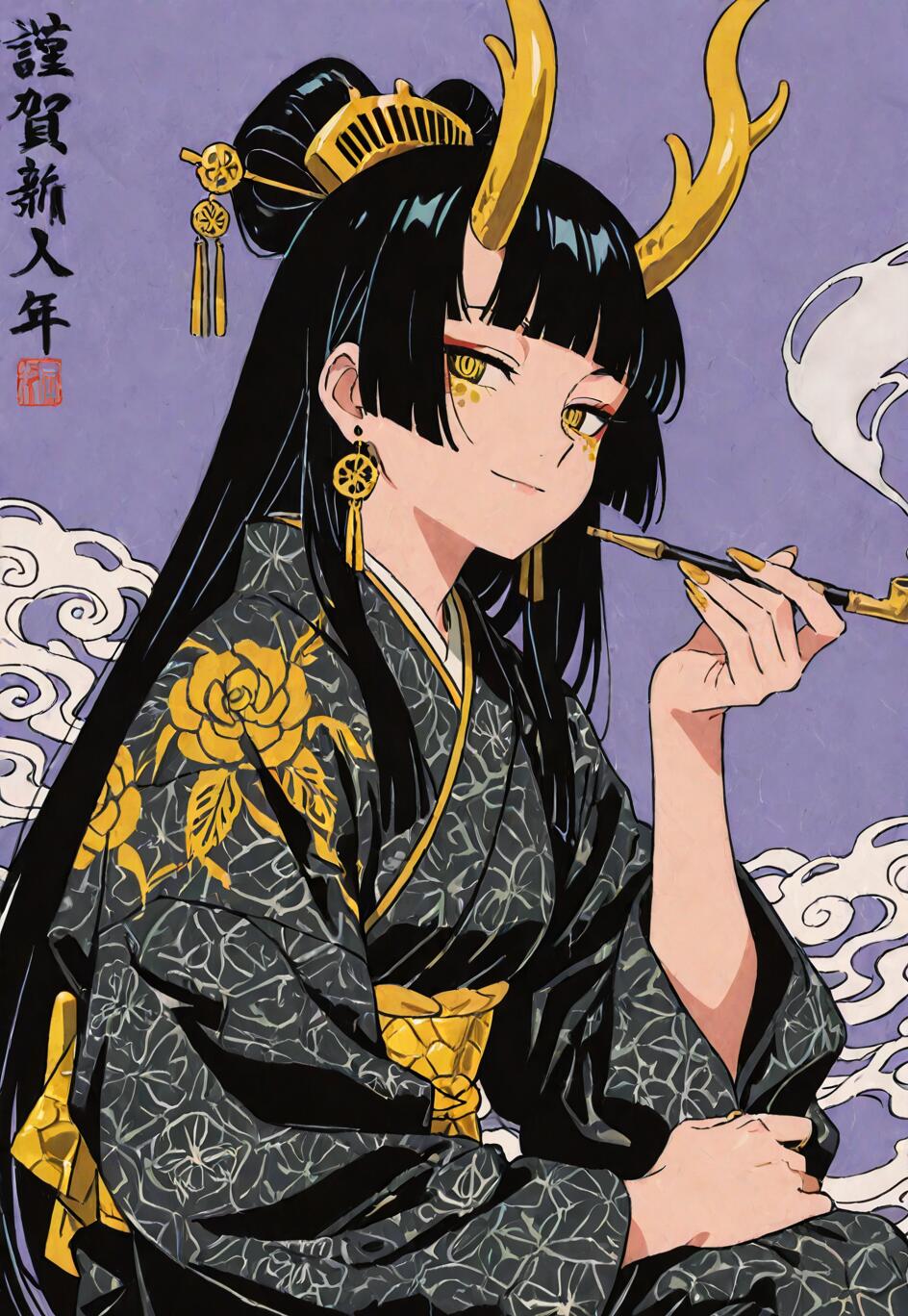 An anime-style illustration of a woman with black hair and golden dragon horns, wearing a black and gold kimono and smoking a traditional kiseru pipe against a purple background with Japanese New Year's text.